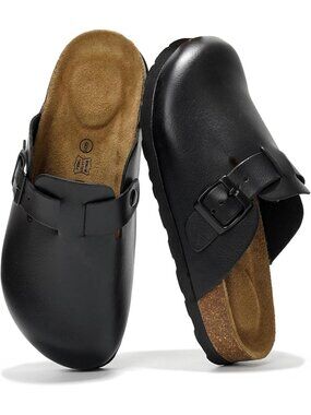 Women's Black Genuine Leather Cork Footbed Trendy Slip-On Mules Clogs